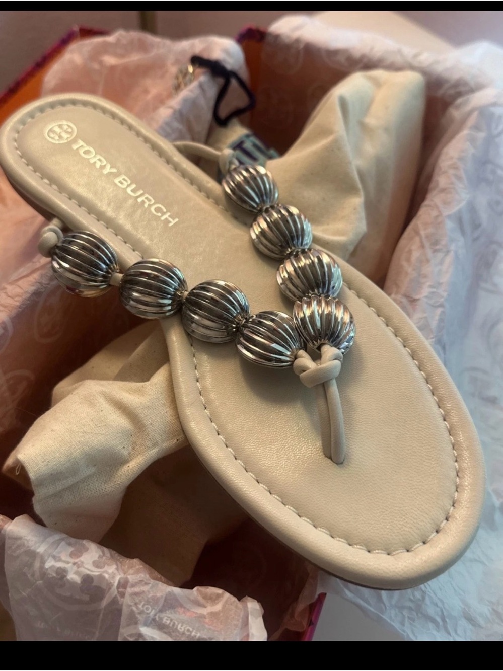 Tory Burch Ivory Beaded Thong Sandal with Silver Accents